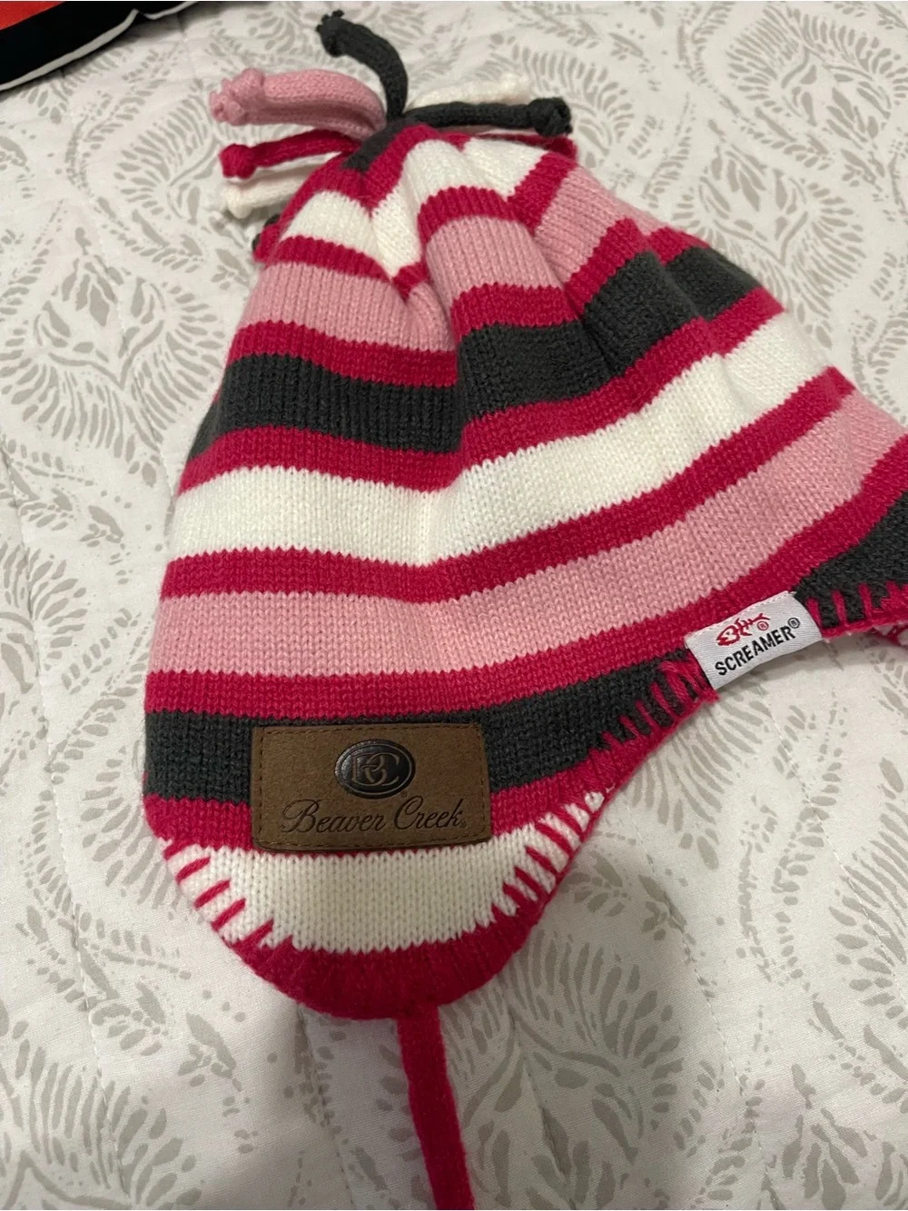 Striped Earflap Kids Hat with Pom - Pink/Black/White